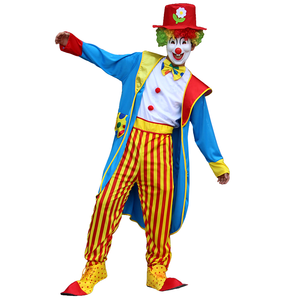 Clown Kostuum Blauw/Geel โ 3-Delige Set met Jas, Gestreepte Broek en Hoed