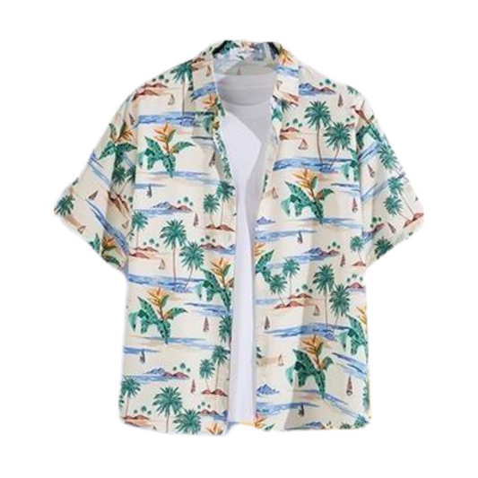 Hawaii Party Blouse – Beige met Gele Bloemen – Heren