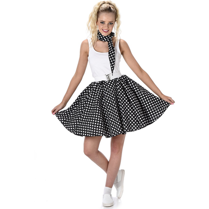 50’s Polkadot Rok & Sjaaltje Dames – Zwart 2-Delig Rock & Roll Kostuum