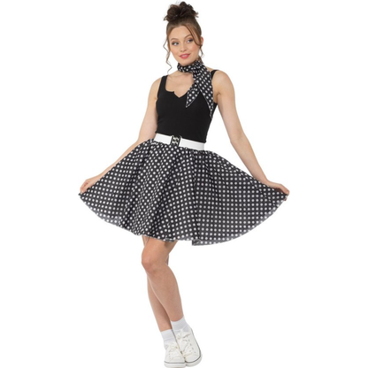 50’s Polkadot Rok & Sjaaltje Dames – Zwart 2-Delig Rock & Roll Kostuum