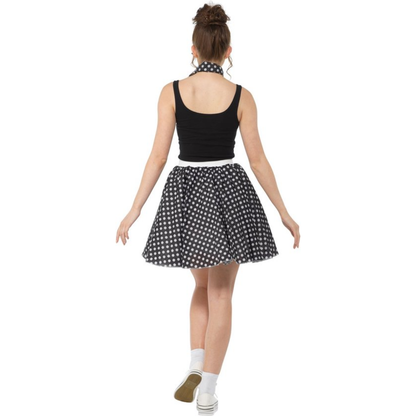 50’s Polkadot Rok & Sjaaltje Dames – Zwart 2-Delig Rock & Roll Kostuum