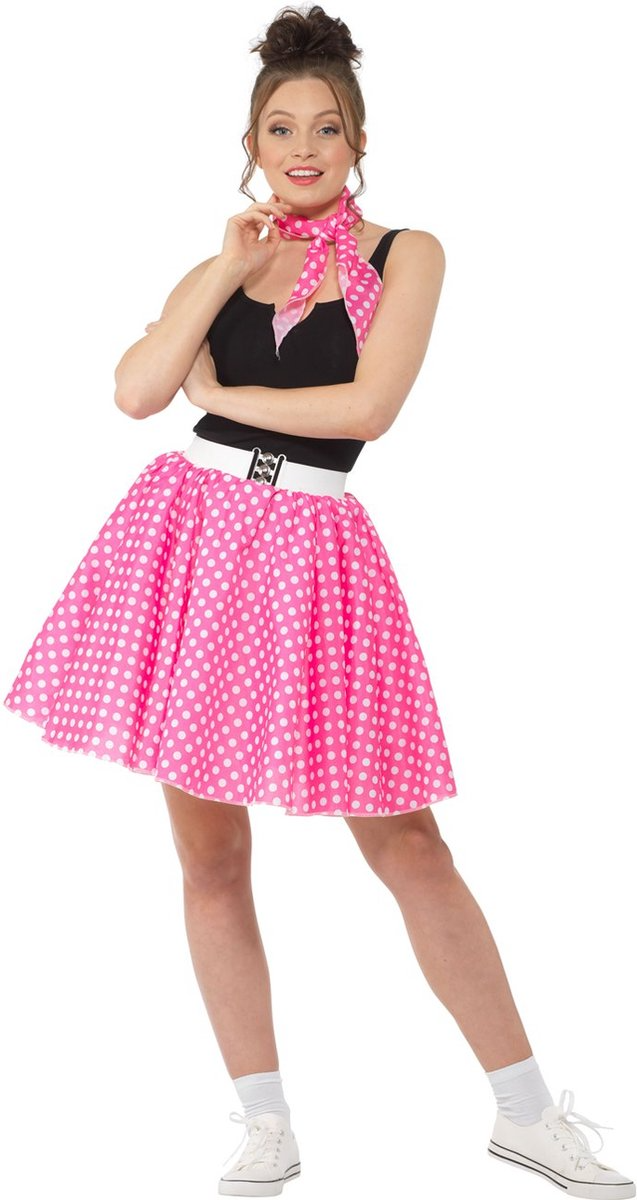 Jaren 50 Polkadot Rok & Sjaaltje – Donkerroze 2-delig Dames