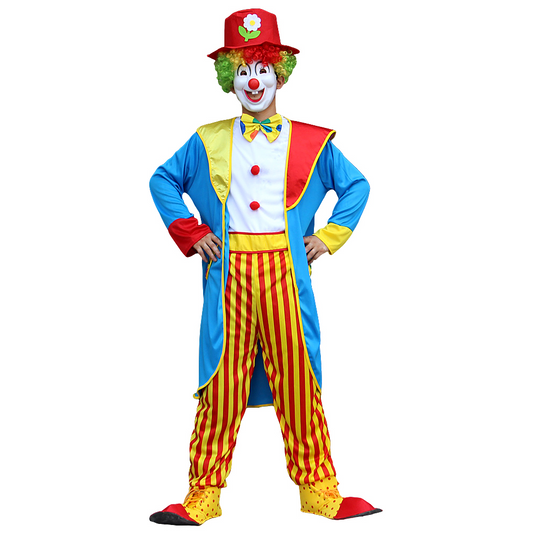 Clown Kostuum Blauw/Geel – 3-Delige Set met Jas, Gestreepte Broek en Hoed
