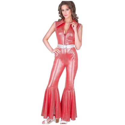 Rode Disco Diva Jumpsuit Dames – Jaren 70 Kostuum met Zilveren Riem