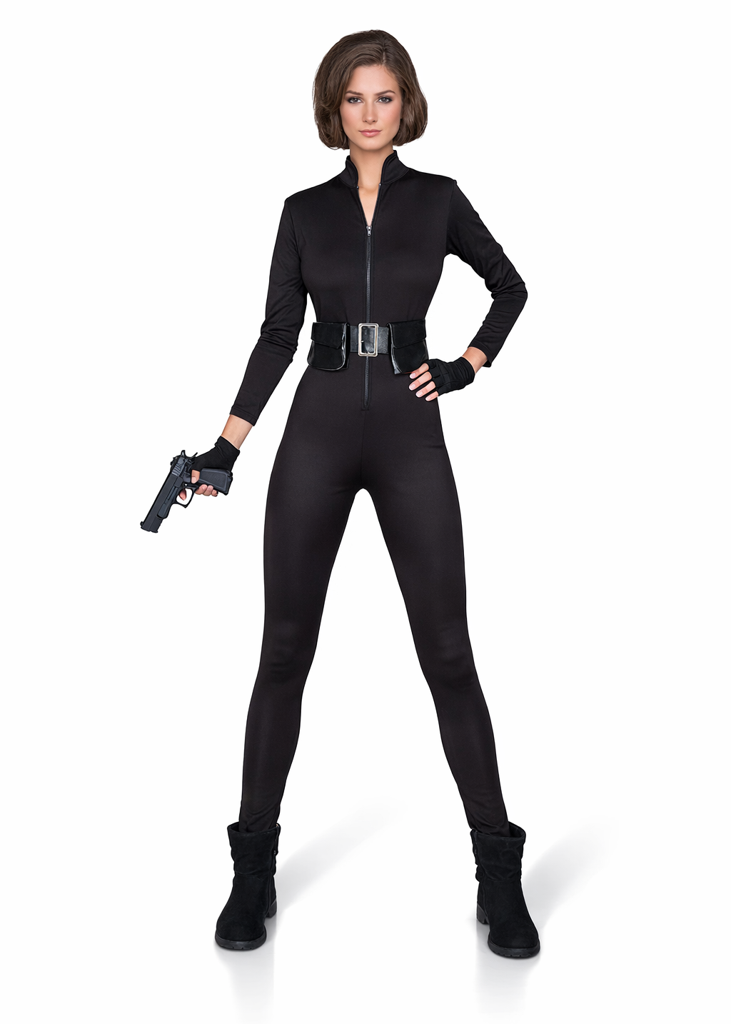 Sexy Agent Catsuit Dames – Zwart 3-delig Kostuum met Riem & Vingerloze Handschoenen