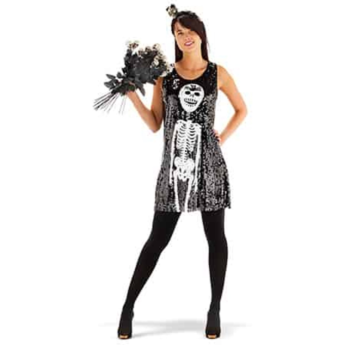Skelet Paillettenjurk Dames – Zwart/Wit Halloween Jurk (M/L)